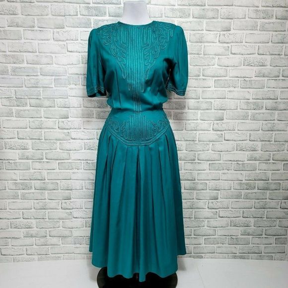 Vintage 80s Sarah Elizabeth Green Embroidery Secretary Midi Dress Short Sleeves - Picture 2 of 10
